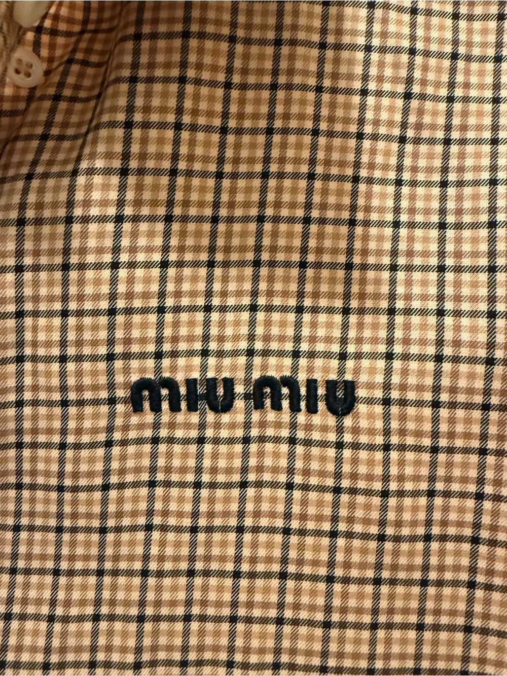 Miu Miu Tan Plaid Button-Up Shirt with Logo - Picture 3 of 6